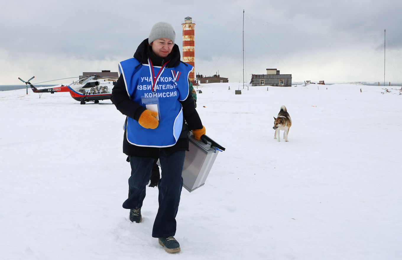 An election commission member visits Cape Lopatka, the southernmost point of the Kamchatka Peninsula.