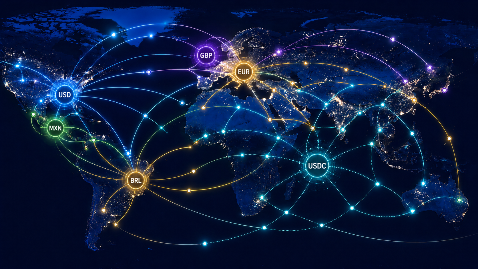 Lokale oder globale Zahlungswege für USD, EUR, GBP, MXN und BRL.