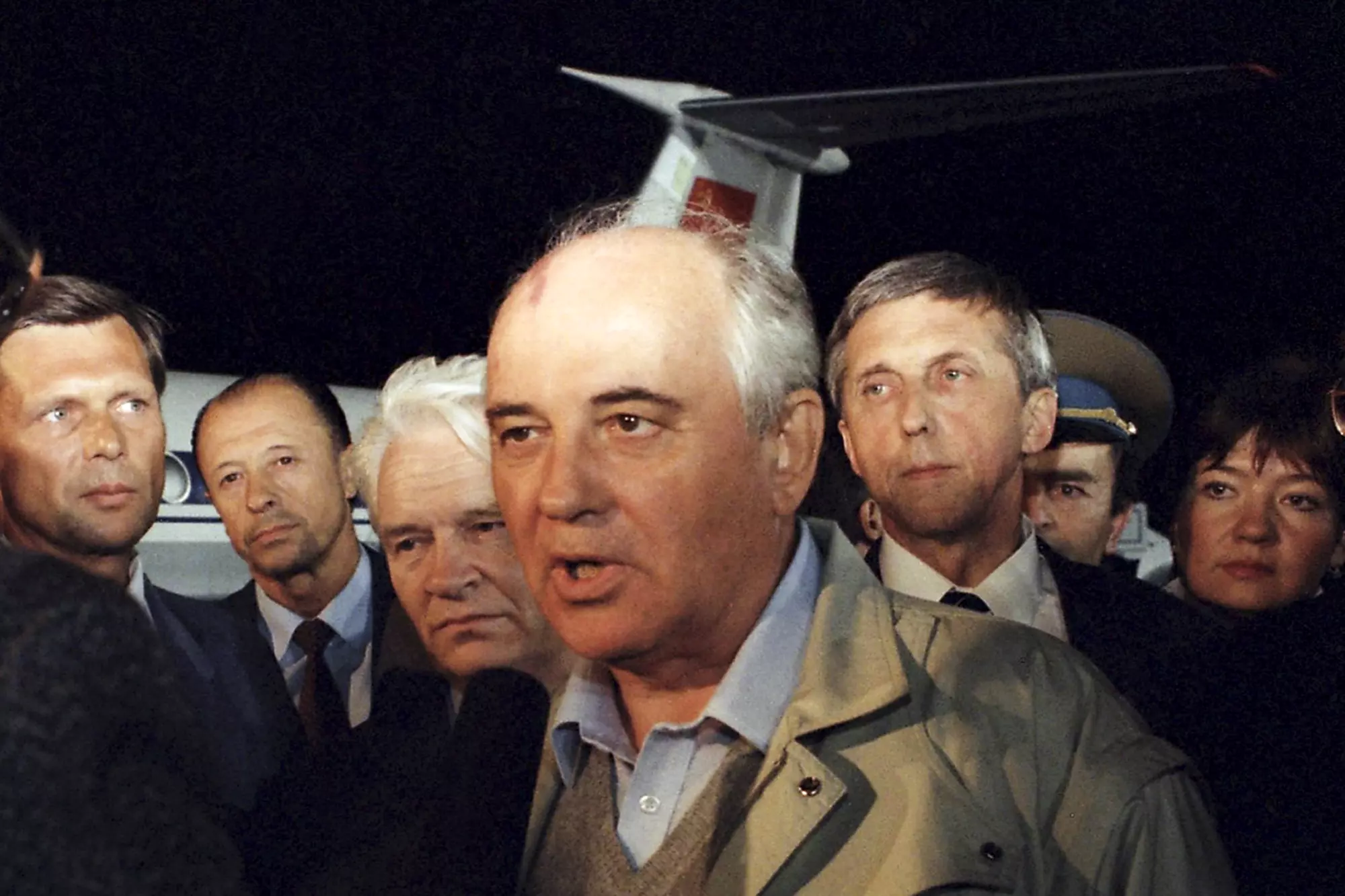 Soviet President Mikhail Gorbachev speaks to a Soviet TV newsman at Vnukovo airport outside Moscow, shortly after arriving from Crimea after a three-day coup.